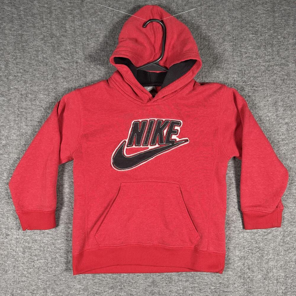 Nike Boys Size 6 Red Black Big Logo Swoosh Pullover Fleece Hoodie Y2K Spellout